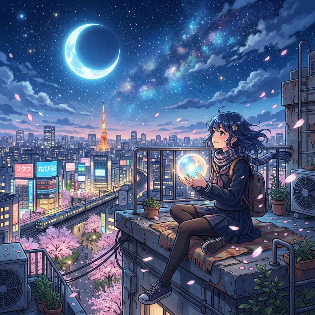Anime girl on Tokyo rooftop generated prompt example