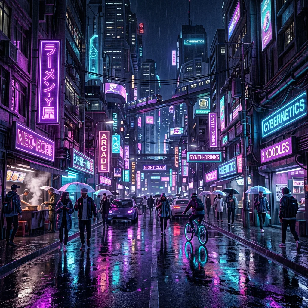 Cyberpunk street in rain generated prompt example